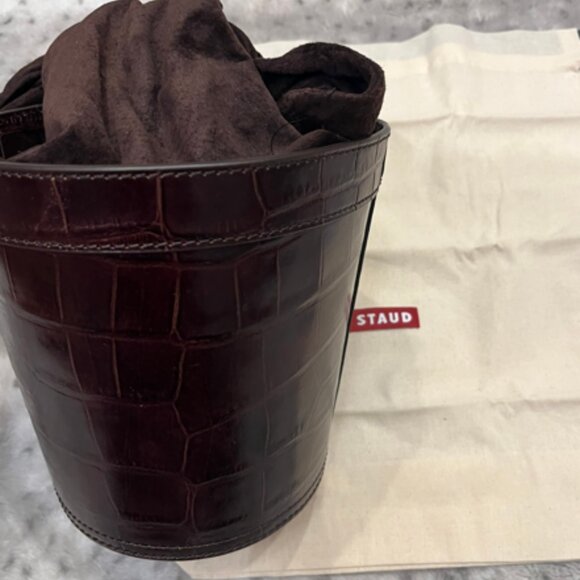 STAUD Britt Leather & Canvas Bucket Bag in brown